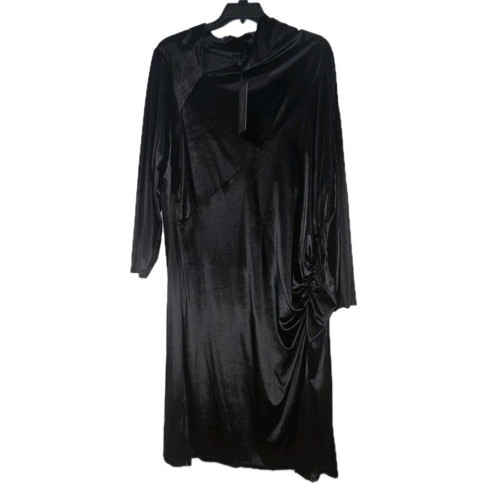 Donna Karan Plus Size 24W Black Satin Velvet Ruched Midi Dress Long Sleeve Party - Picture 6 of 14